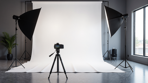 企业宣传片拍摄现场,蓝色背景,明亮自然光,专业摄影设备