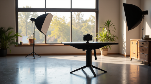 产品摄影拍摄现场,白色背景,明亮自然光,专业灯光设备