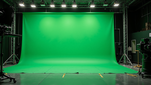 VR全景拍摄现场,绿色背景,明亮自然光,专业全景相机