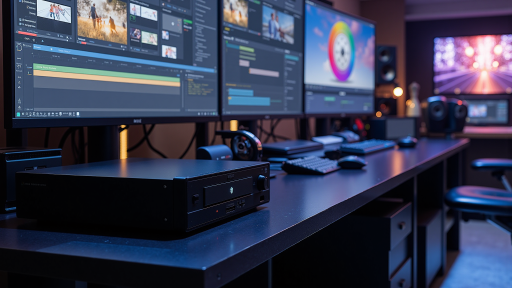 后期制作工作室,黑色背景,明亮自然光,专业后期设备